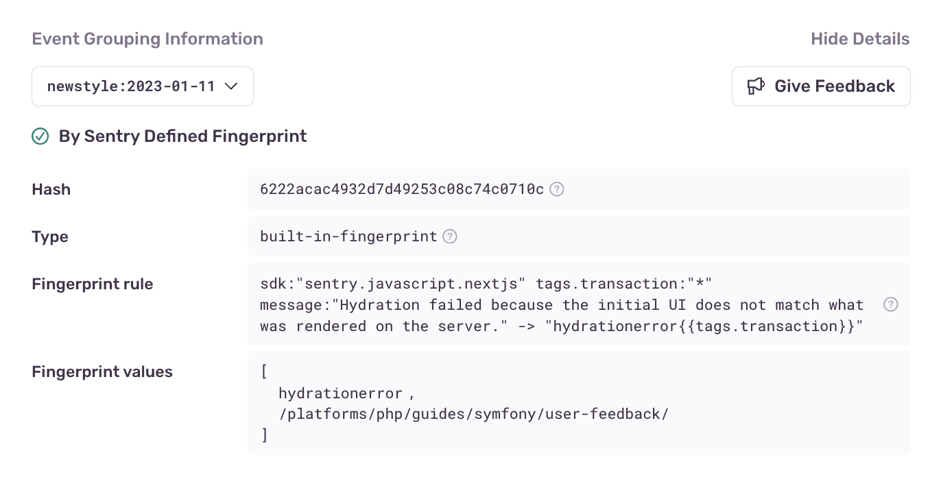 event grouping information for a sentry defined fingerprint